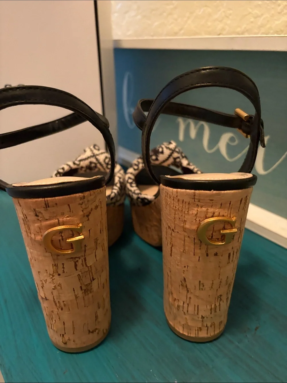 GUESS Black & White Patterned Cork Platform Sandals